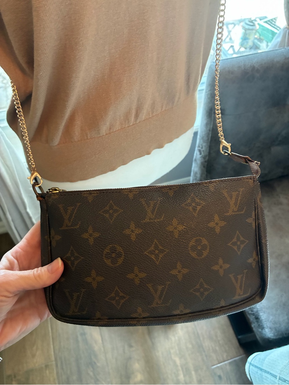 Louis Vuitton Brown Monogram Chain Crossbody Bag with Tan Leather Trim